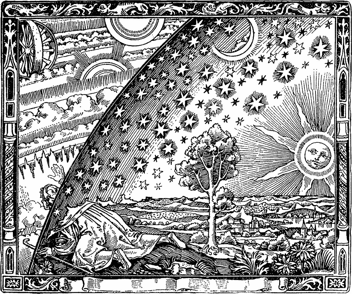 Der Naive Wanderer am Weltenrand, berühmter Holzschnitt von Camille Flammarion