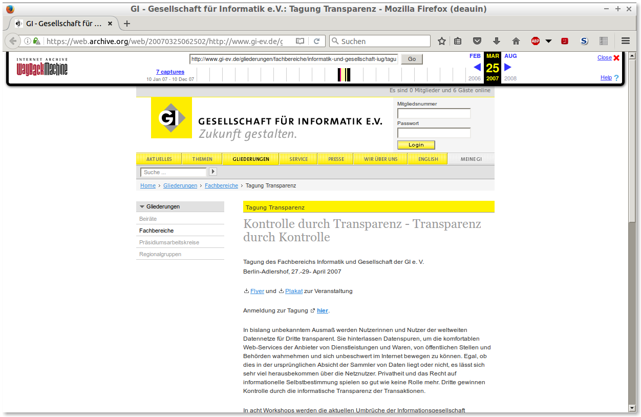 screenshot des Mementos der Tagungswebsite Transparenz durch Kontrolle der GI 2007