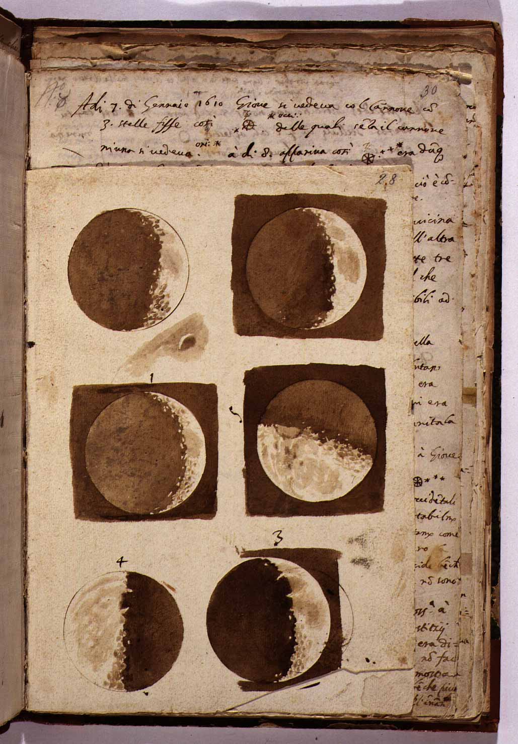 Von Gallilei angefertigte Zeichnungen des Mondes